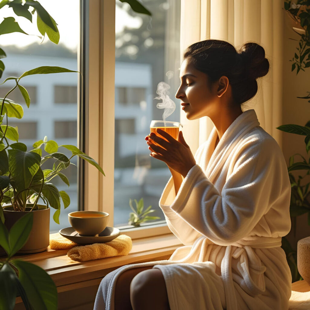 Woman enjoying morning tea and embracing a peaceful self-care routine