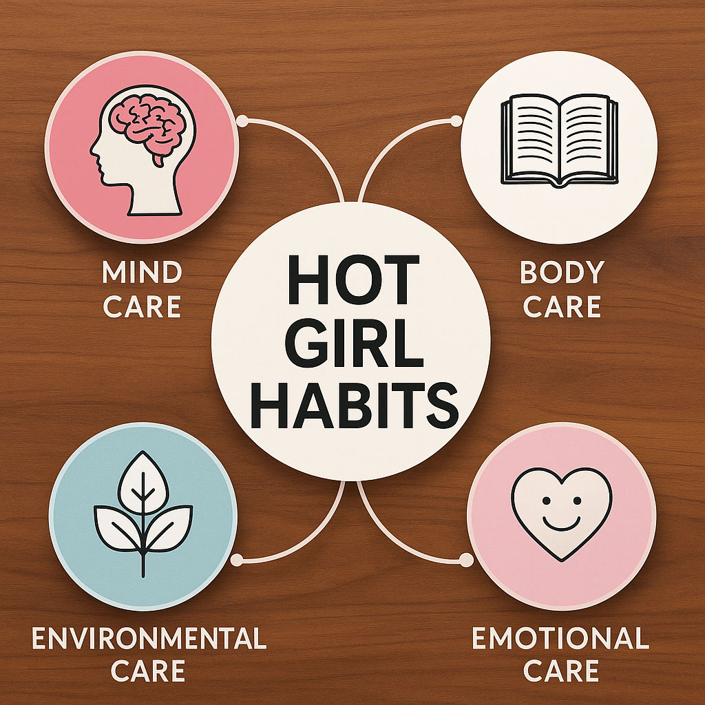 Hot Girl Habits diagram of mind care, body care, emotional care, and environmental care