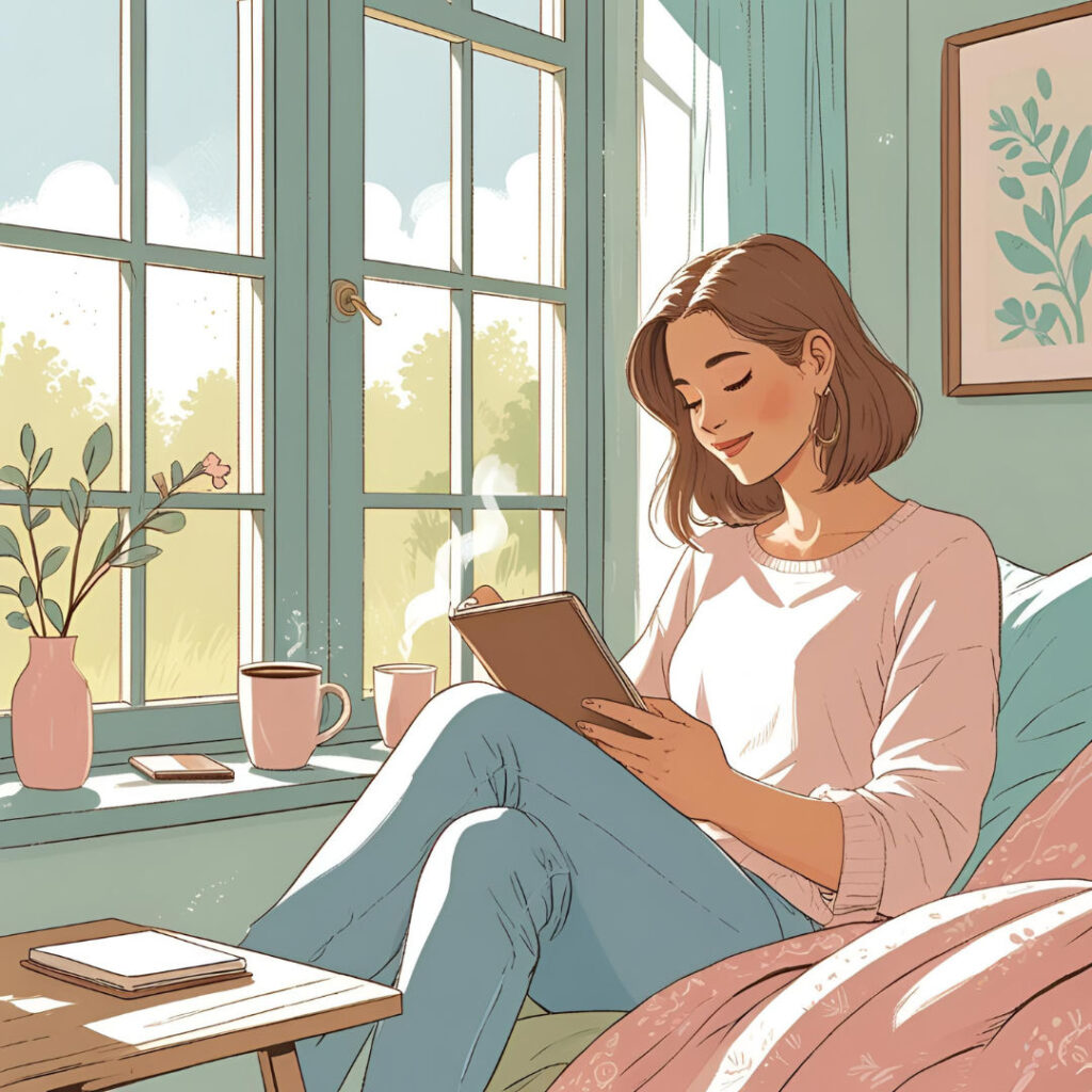 Peaceful morning routine for women with journaling, coffee, and no phone for digital detox.