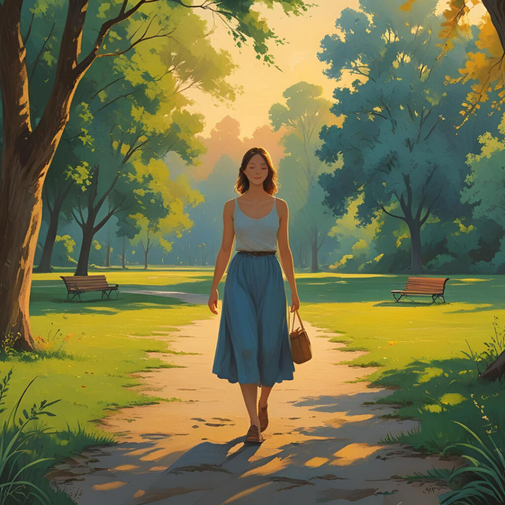 A woman walking alone enjoying a peaceful gratitude walk.